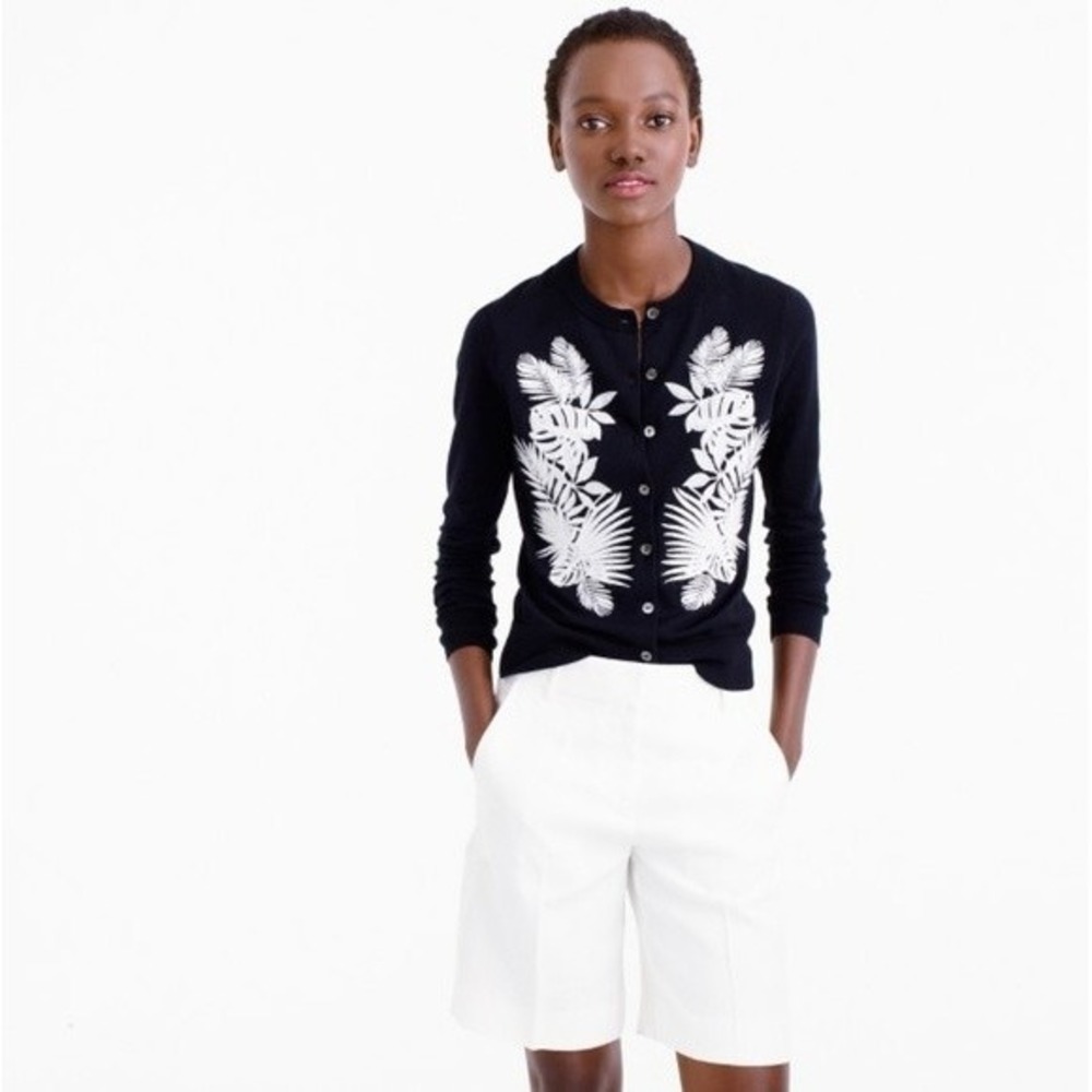 NWT J Crew Jackie Embroidered Cardigan Sweater XS 0 2 Tropical Palm Leaves
